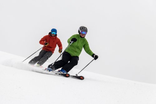 Two skiers navigate a snowy slope, one in a green jacket and the other in an orange jacket, against a gray sky.
