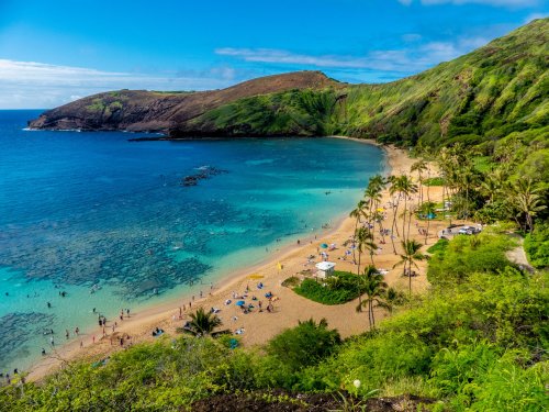 A scenic beach with turquoise waters, palm trees, and people enjoying the sun, surrounded by lush green hills.