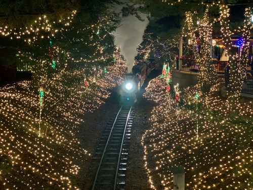 A steam train travels along a track surrounded by festive lights and decorations in a wooded area.