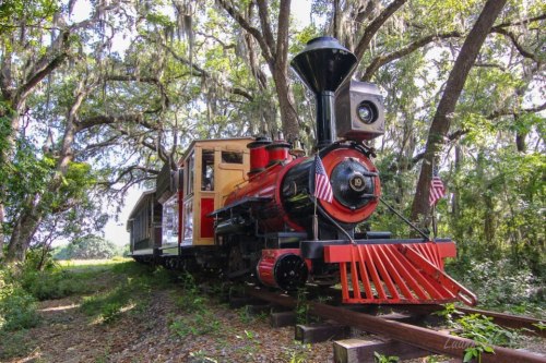 A vintage steam train with red and black colors sits on tracks surrounded by lush greenery and trees.