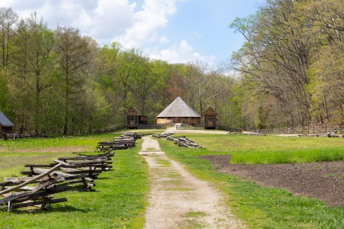 A dirt path leads to a wooden house surrounded by trees and a grassy field, with a rustic fence lining the path.