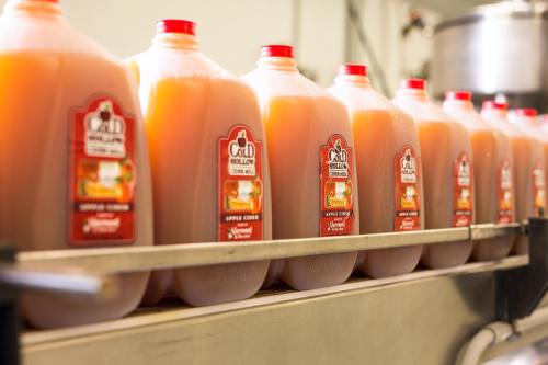 Row of apple cider jugs on a production line, labeled with "Cold Hollow" branding.