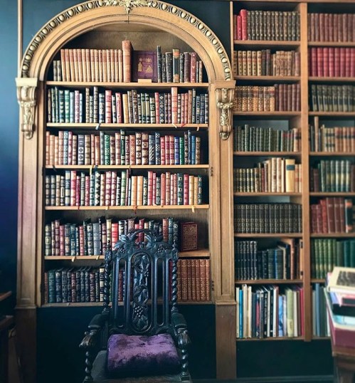 A wooden chair in front of a large, ornate bookshelf filled with colorful, antique books.