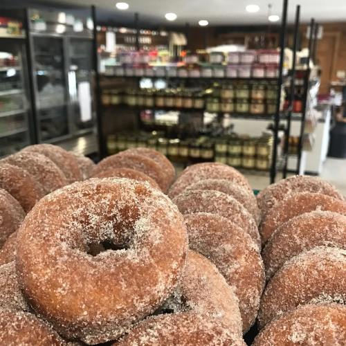 A close-up of sugar-coated donuts in front of shelves stocked with jars and bottles in a cozy store.