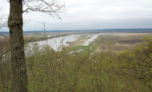 A scenic view of a river winding through a landscape of fields and trees under a cloudy sky.