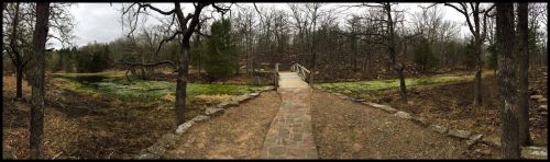 A serene landscape featuring a stone path leading to a wooden bridge over a pond, surrounded by bare trees and greenery.
