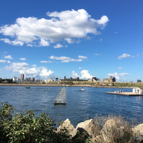 A serene waterfront view with a dock, city skyline in the background, and fluffy clouds in a blue sky.