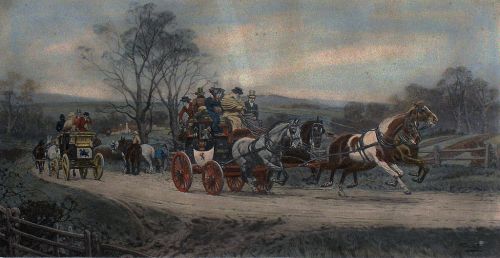 A vintage scene depicting horse-drawn carriages traveling along a dirt road, surrounded by trees and rolling hills.
