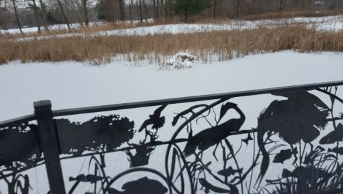 A snowy landscape with a frozen pond, framed by a decorative metal railing featuring silhouettes of birds and fish.