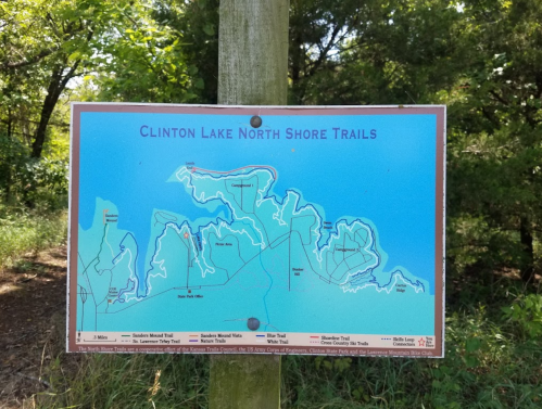 Map of Clinton Lake North Shore Trails, showing various trails and landmarks in the area.