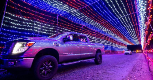 A truck drives through a colorful tunnel of blue and red holiday lights at night.