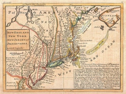 Map of northeastern North America, highlighting New England, New York, New Jersey, and Pennsylvania, with geographical details.