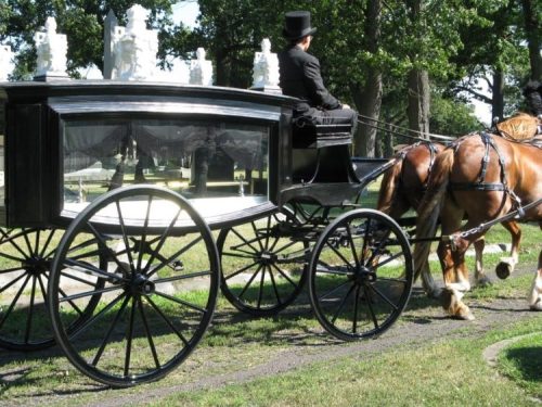 A horse-drawn carriage with a driver in a top hat, moving through a cemetery surrounded by trees.