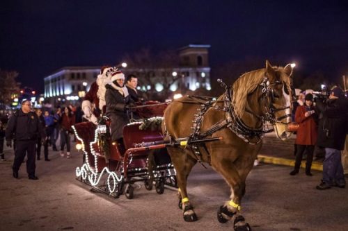 A festive horse-drawn sleigh with Santa and a passenger, surrounded by a crowd at a nighttime parade.