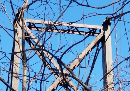 A metal structure partially obscured by bare branches against a clear blue sky.