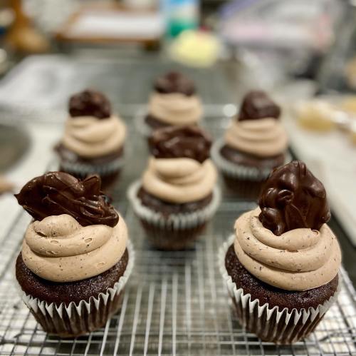 A row of chocolate cupcakes topped with swirls of chocolate frosting and chocolate decorations on a wire rack.