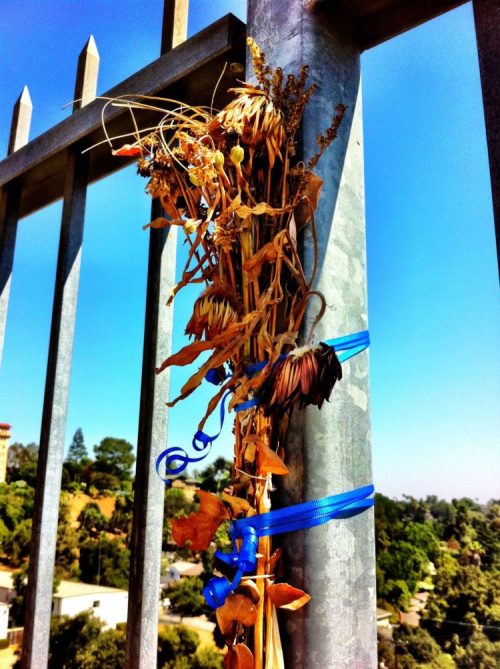 A bundle of dried flowers and leaves tied with blue plastic straps, attached to a metal fence against a clear blue sky.