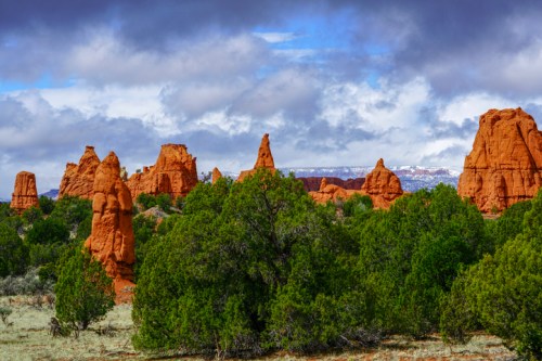 Red rock formations rise amidst green shrubs under a cloudy sky, with distant snow-capped mountains in the background.