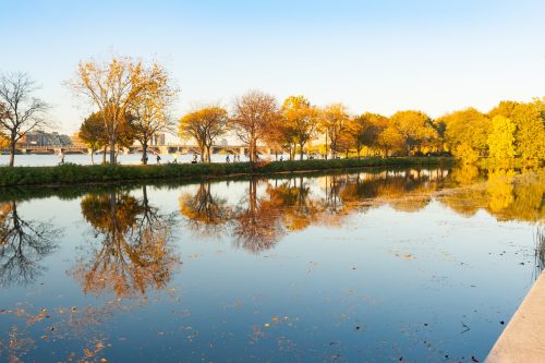 A serene river scene with autumn trees reflecting in the water under a clear blue sky.