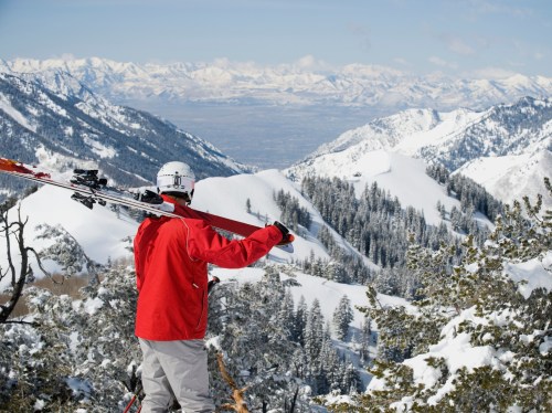 A skier in a red jacket stands on a snowy mountain, looking out over a valley and distant snow-capped peaks.
