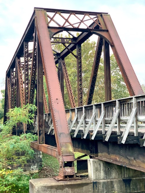 Rusty metal bridge with a wooden deck, surrounded by greenery and trees under a cloudy sky.