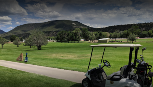 A golf cart parked on a path with a scenic view of green grass and mountains in the background.