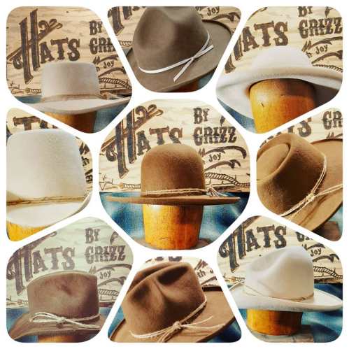 A collage of various stylish hats displayed on wooden stands against a rustic background with "Hats by Grizz" text.