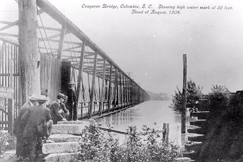 Historic photo of Congaree Bridge in Columbia, SC, showing high water mark from the August 1908 flood.