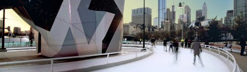 A panoramic view of an ice skating rink with a modern structure and a city skyline in the background.