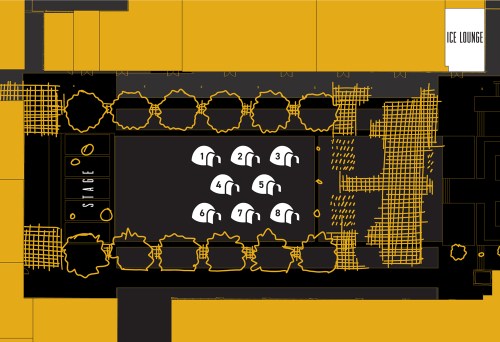 Floor plan of the Ice Lounge featuring a stage and seating arrangement with numbered tables and decorative elements.