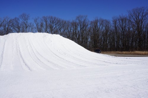 A large snow pile with tire tracks leading up to it, set against a clear blue sky and bare trees in the background.