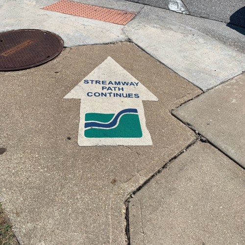 Sign on pavement indicating the continuation of the streamway path, featuring an arrow and blue-green design.