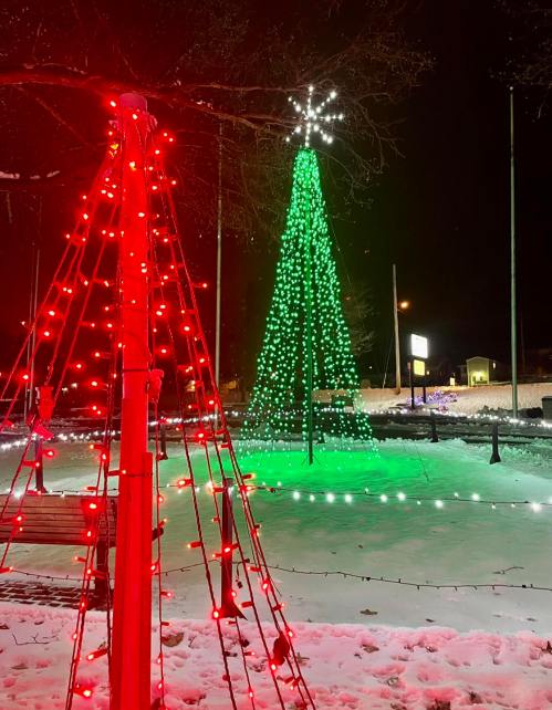 A snowy scene at night featuring a green lighted Christmas tree and red light decorations.