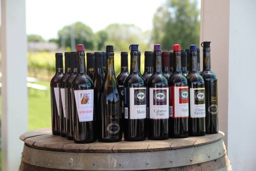A collection of wine bottles displayed on a wooden barrel, with a vineyard in the background.