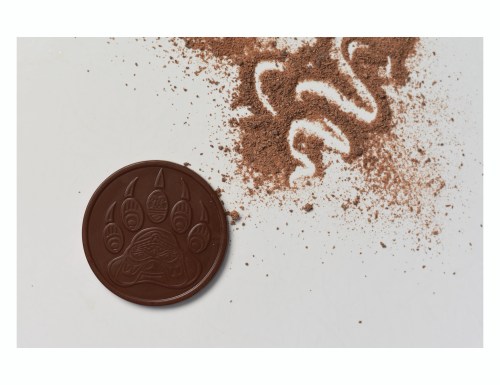 A chocolate coin with a bear paw design next to a dusting of cocoa powder shaped like a snake.