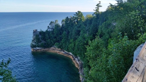A scenic view of a rocky shoreline with lush green trees and calm blue water under a clear sky.