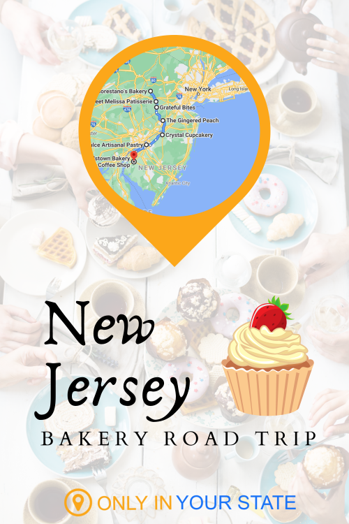 A map of New Jersey highlights a bakery road trip, featuring desserts and coffee on a table.