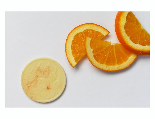 A round, pale yellow treat with a paw print design next to slices of orange on a white background.