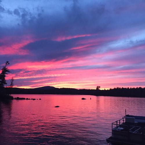A vibrant sunset over a calm lake, with pink and purple hues reflecting on the water and silhouettes of trees in the background.