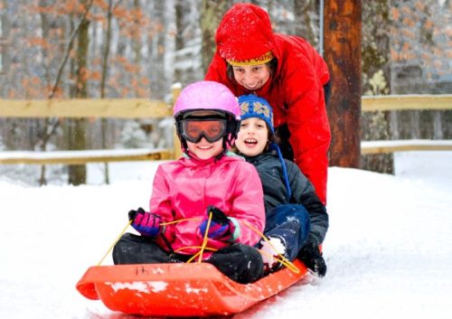 A person in a red outfit pulls two children on a sled through snowy woods, all smiling and enjoying the winter fun.