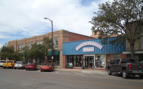 A street view of a brick building with a blue storefront labeled "Eclectic Elephant Antiques" and parked cars.