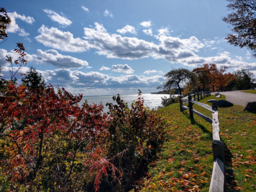 A scenic view of a lake with colorful autumn foliage and a cloudy blue sky, featuring a wooden fence along the path.