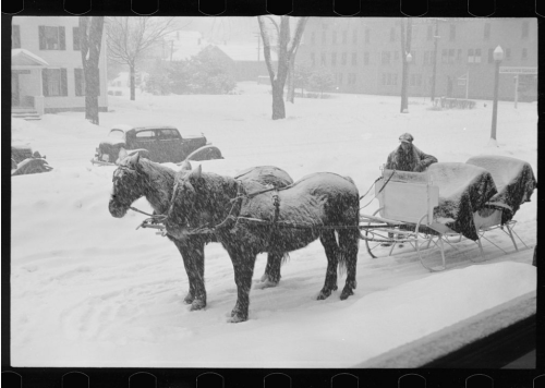 A horse-drawn sleigh in a snowstorm, with a person seated in the sleigh and a vintage car in the background.