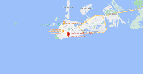 Map showing Key West, Florida, with a red marker indicating the location of Southernmost Beach Café.