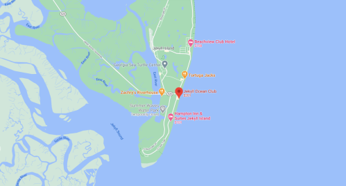 Map of Jekyll Island, highlighting locations like the Georgia Sea Turtle Center and nearby hotels and attractions.