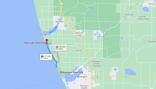 Map showing directions from Muskegon State Park to Duck Lake State Park, highlighting a 7-mile route.