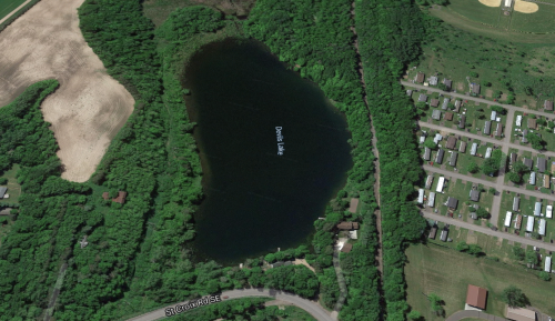 Aerial view of a dark lake surrounded by dense greenery and a nearby residential area with roads.