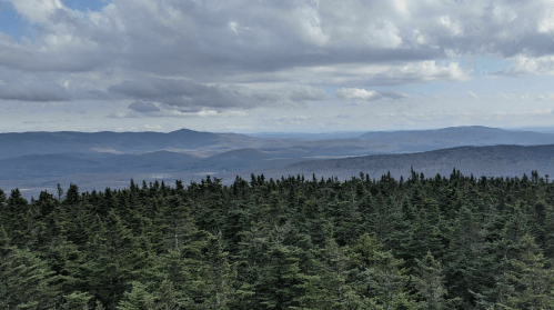 A panoramic view of rolling mountains and a dense forest under a cloudy sky.