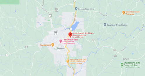 Map showing Dahlonega, Georgia, with locations for Consolidated Gold Mine and The Smith House highlighted.