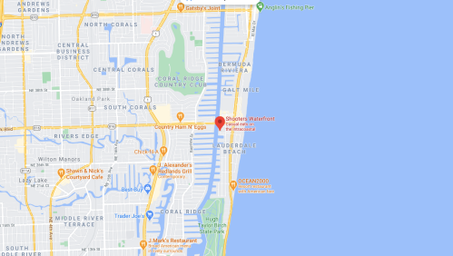 Map showing the location of Shooters Waterfront in Fort Lauderdale, Florida, near the coastline and various restaurants.